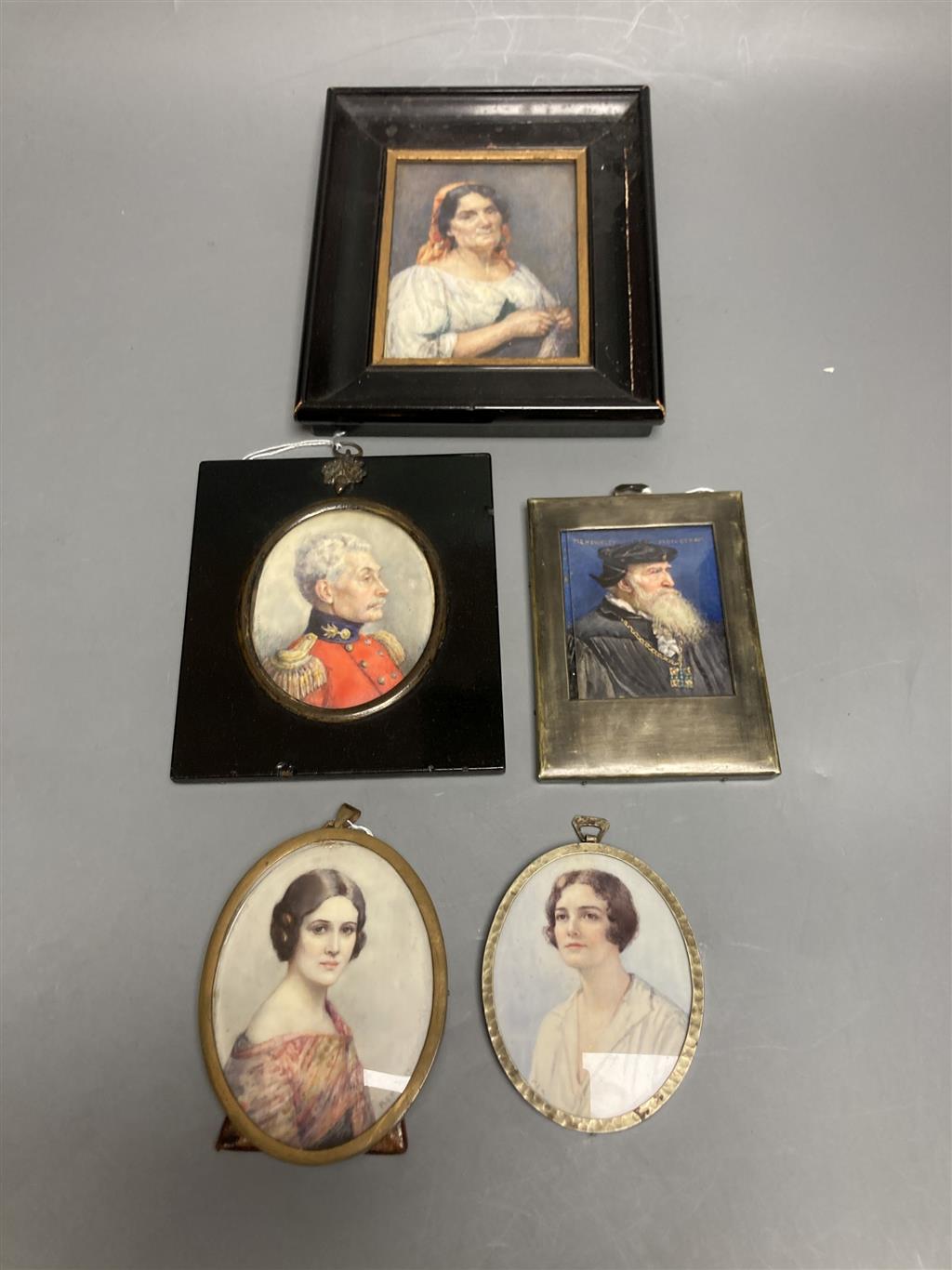 Marion Edith Hewkley (aka Sutherland Gill,19th/20th century), five miniature portraits, 11 x 8cm and smaller